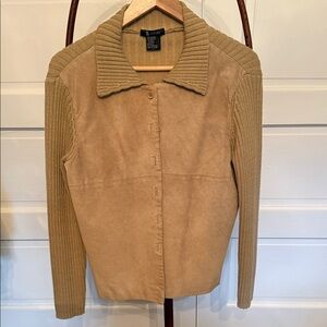 Tan Suede Leather Jacket with Ribbed Sleeves